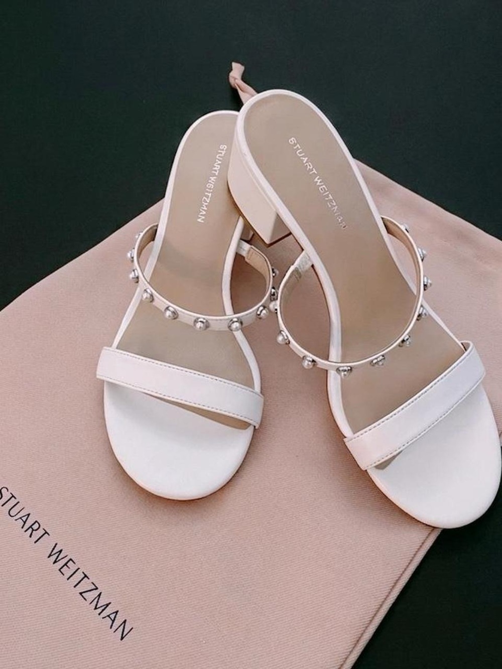[New] Stuart Weitzman pearly strap block Slide 50 Sandals Size 8